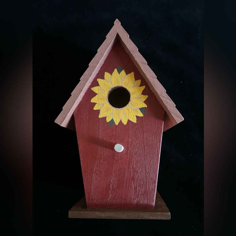 Hand painted Birdhouse. Brand new. Wooden with red finish and yellow sunflowers.